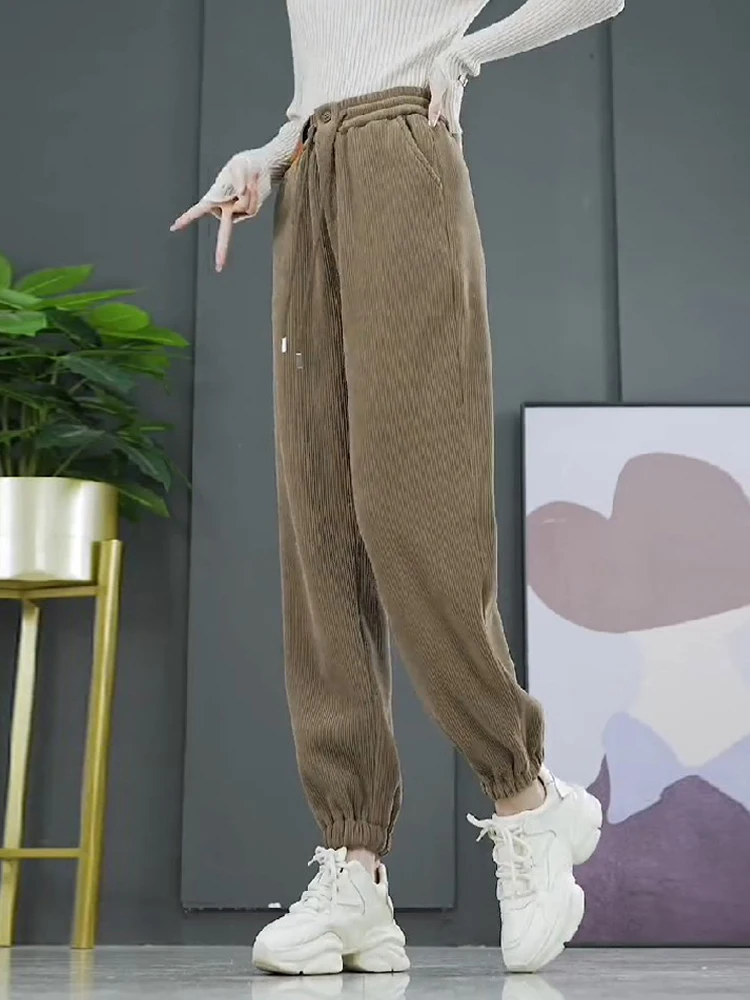 

Women's Corduroy Harlan Pants Autumn Winter Thickened Casual Trousers High Waist Loose Fit Elastic Waistband Color