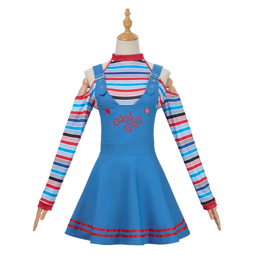 النساء شبح دمية تأثيري تشاكي ازياء الزي الكبار الفتيات فساتين فاخرة كرنفال الرعب شبح دمية ملابس مهرج هالوين