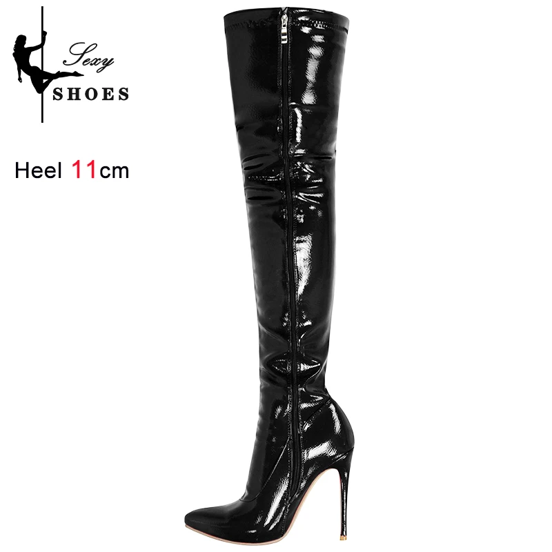 Autumn Over-the-Knee Stretch Boots Patent Leather Pointed Toe Zipper 11cm Thigh High Boots Sexy Shoes for Women Stripper Shoes