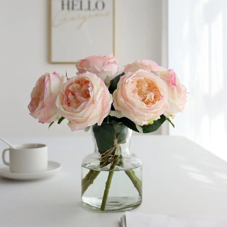 

Fake Austin Rose Peonies Flowers with Vase, Clear Glass Vase with Pink Real Touch Peonies Artificial Flowers Home DecorPink