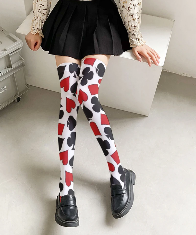 Playing Card Printed Thigh Stockings Ladies Fashion Sexy Red Heart Sweet Stockings Halloween Cosplay Calf Socks High Quality