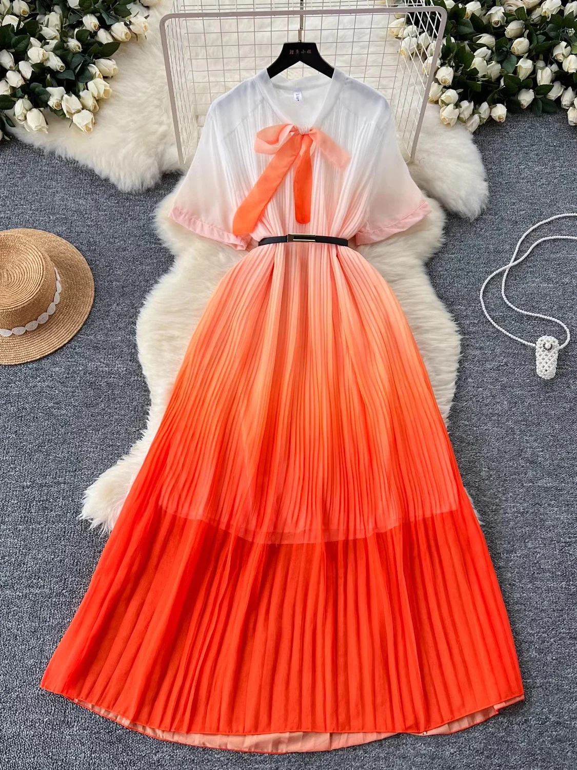 Summer Women Draped Long Dress Orange/Purple/Blue/Rose Gradient Red Bow Collar Short Sleeve Maxi Vestidos Female New Fashion