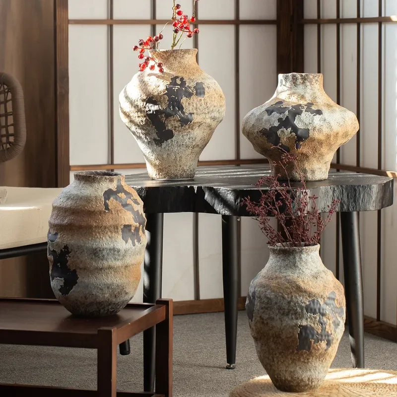 Original Jingdezhen Designer Ceramic Vase Wabi Sabi Style Coarse Pottery Flower Arrangement Hydroponic Planter Home B&B