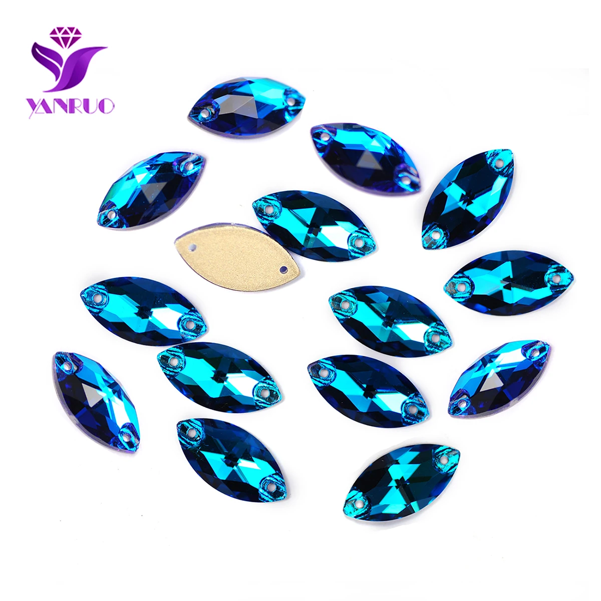 YANRUO-diamantes de imitación de cristal de circonita azul Navette 3223, cristales para coser, Ojos de caballo, diamantes de imitación planos, cristales para vestidos