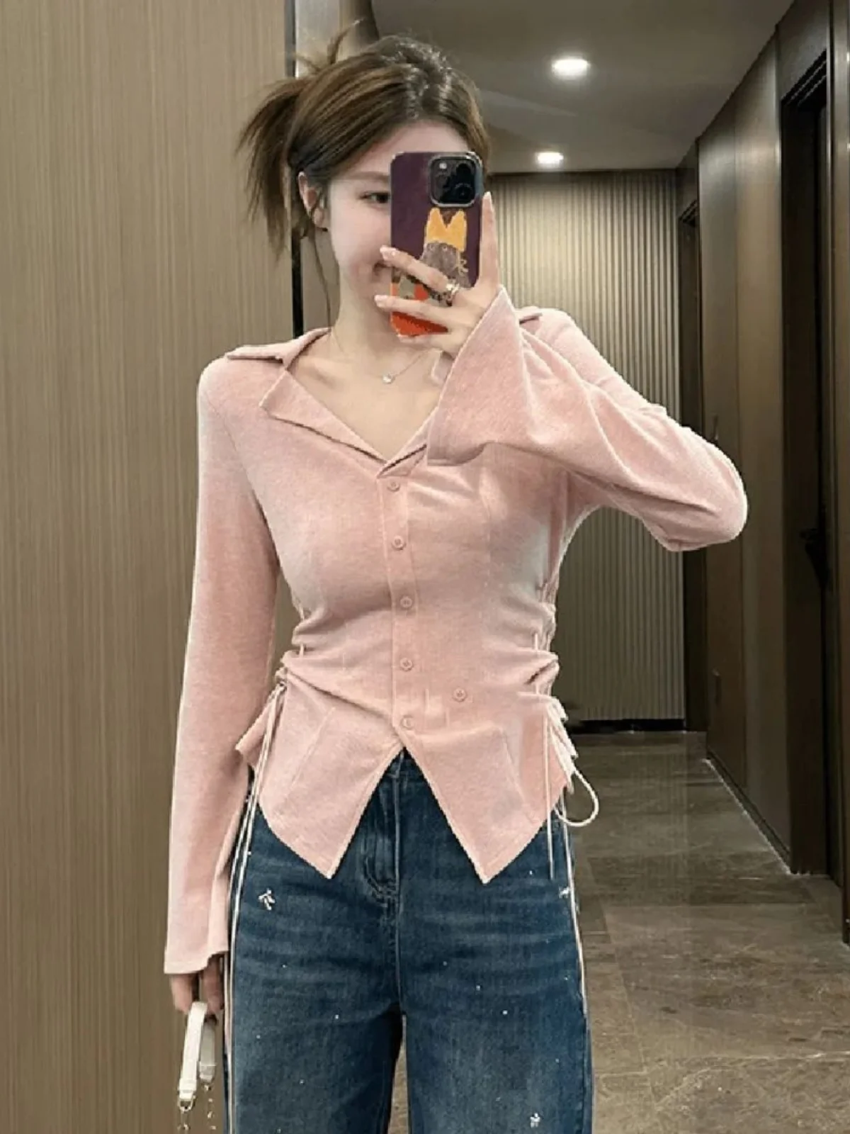 

Faionable Slimming Design Early Autumn Turn-down Collar Dstring Top Dopne Women's irt Dr Zhuo French Sle Loo...