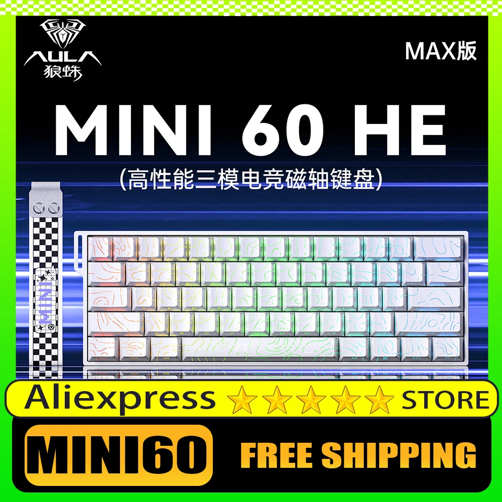 

AULA MINI 60HE Series, клавиатура с магнитным переключателем, трехрежимная клавиатура для киберспортивных игр, RGB RT0,01 мм, 8K, скорость сканирования, 4000 мАч, аксессуары для ПК