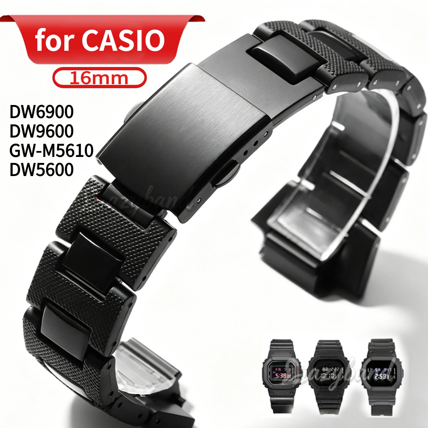16mm for CASIO DW6900/DW9600/GW-M5610/DW5600 Black Silicone Steel Strap Accessory Water&Rust Resistant Men Sport Band FoldBuckle