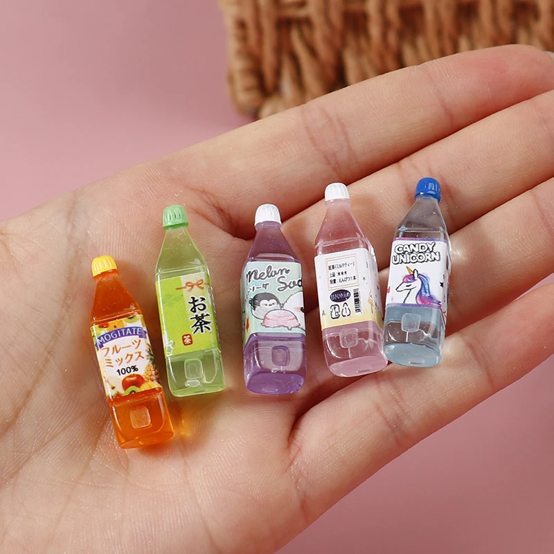 5PCS 1:12 Dollhouse Miniature Beverage Bottle Mini Soda Tea Orange Juice Drink Bottles Pretend Play Food Toy Kitchen Accessories