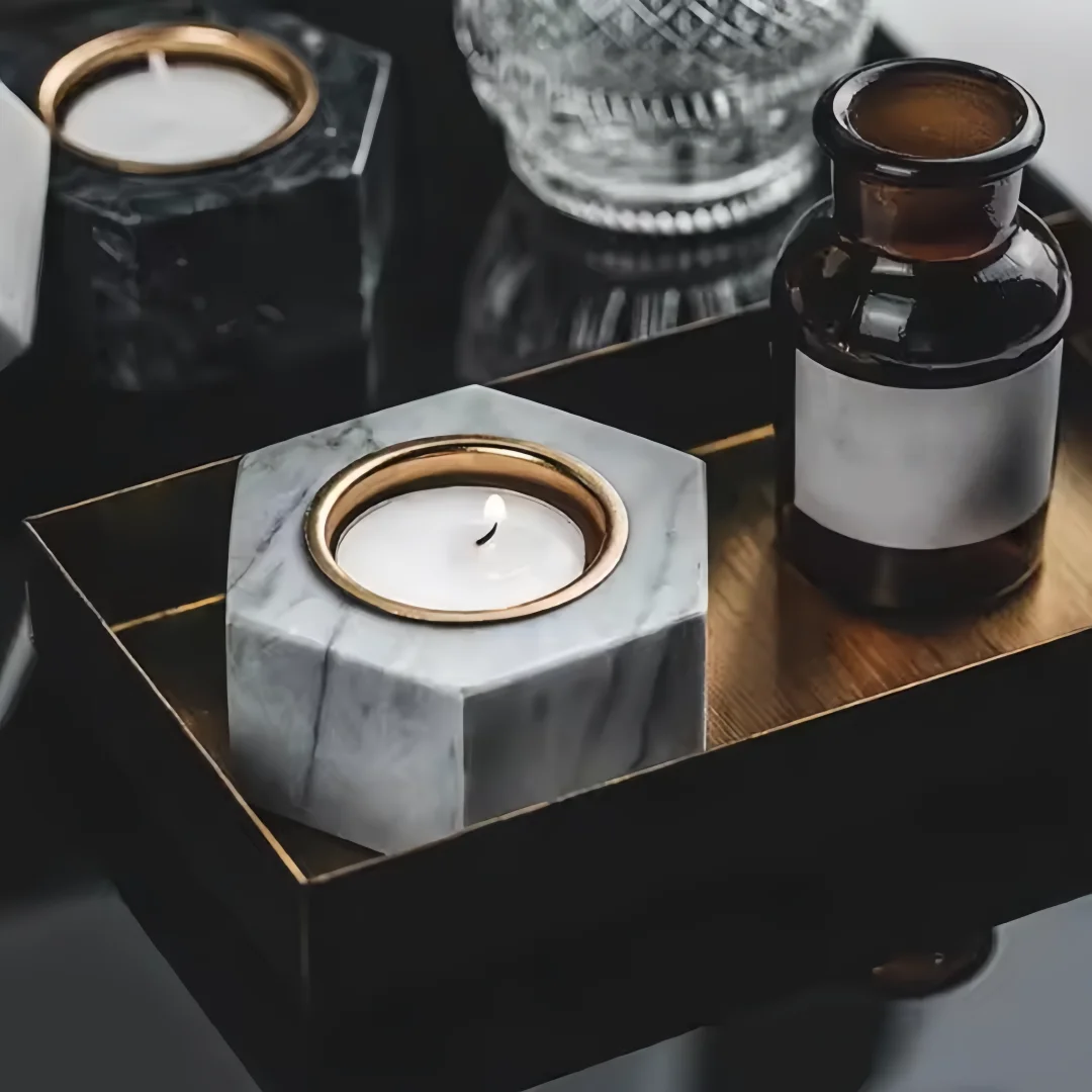 

Art customized Home Decoration Decor Hexagonal Marble Jade Candlestick Candle Holder Candles Birthday Wedding organizers