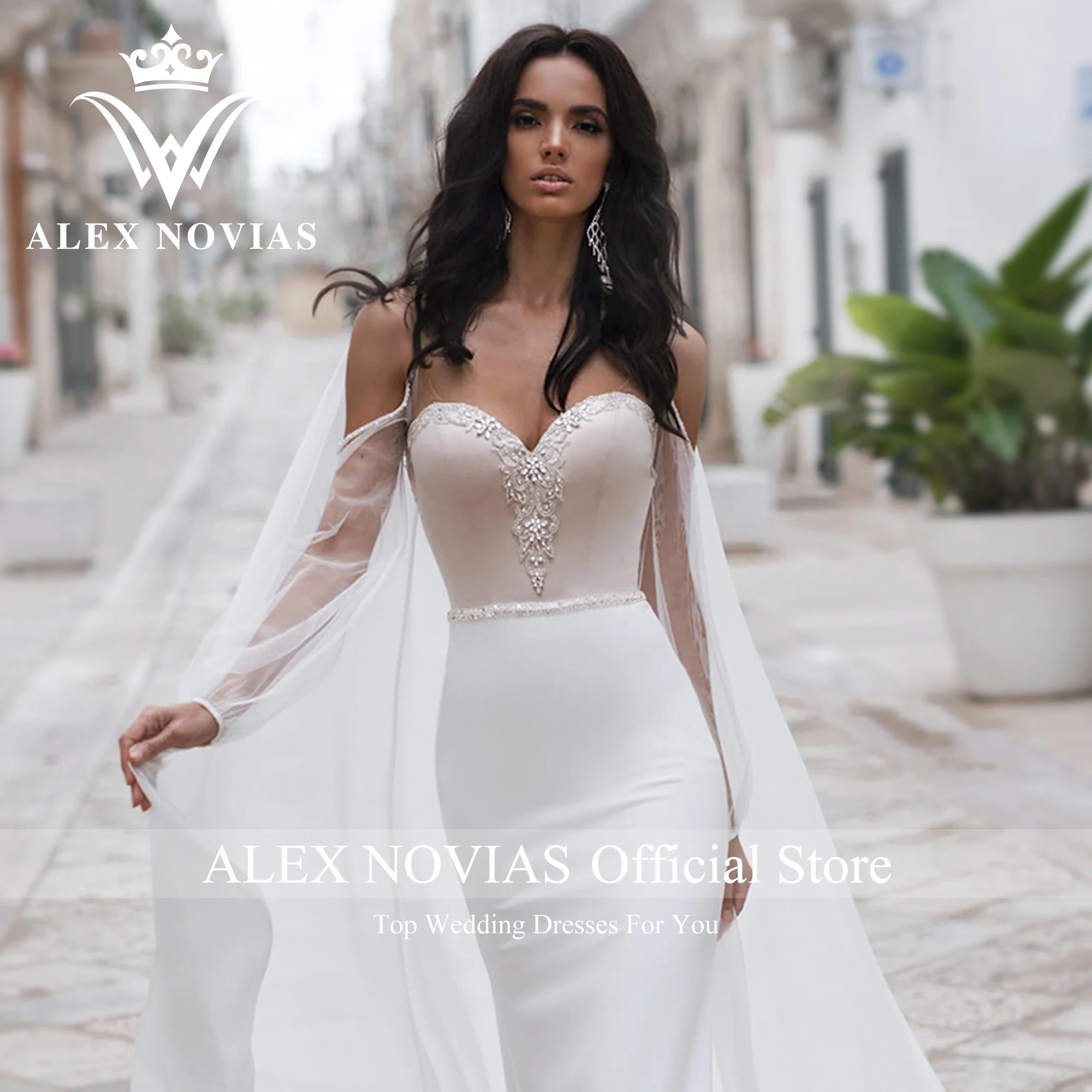 LOUIS NOVIAS suknie ślubne syrenka z długim rękawem Vintage Mit Cape Sweetheart frezowanie satynowa suknia ślubna Vestidos De Novia