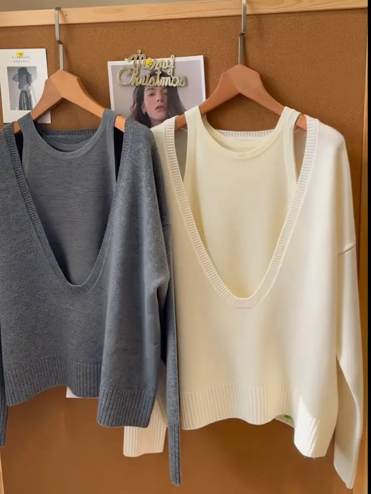 V Neck Fake Two Korean Fashion Sweater Jumper Sueter Mujer Long Sleeve Top Knitted Grey Pullover Pull Femme Cashmere Shirts