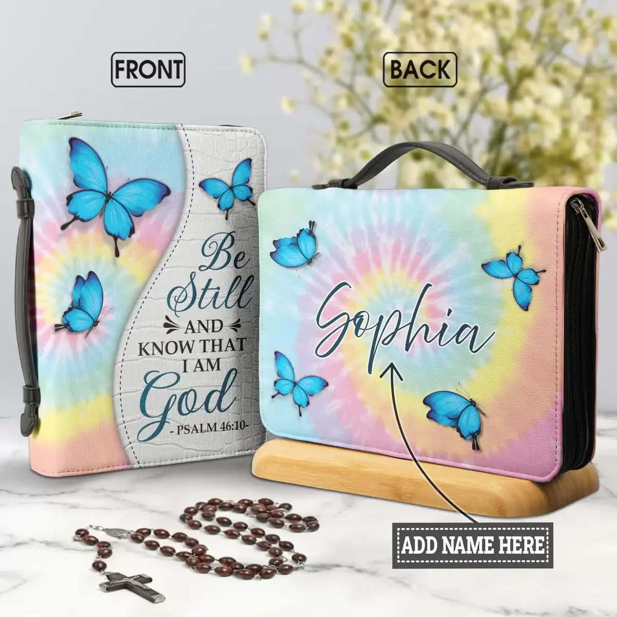 

Tie Dye Butterflies Bible Cover Case for Women Personalise Leather Bible Bag Zippered Handle Handbags Portable Bible Storage Bag