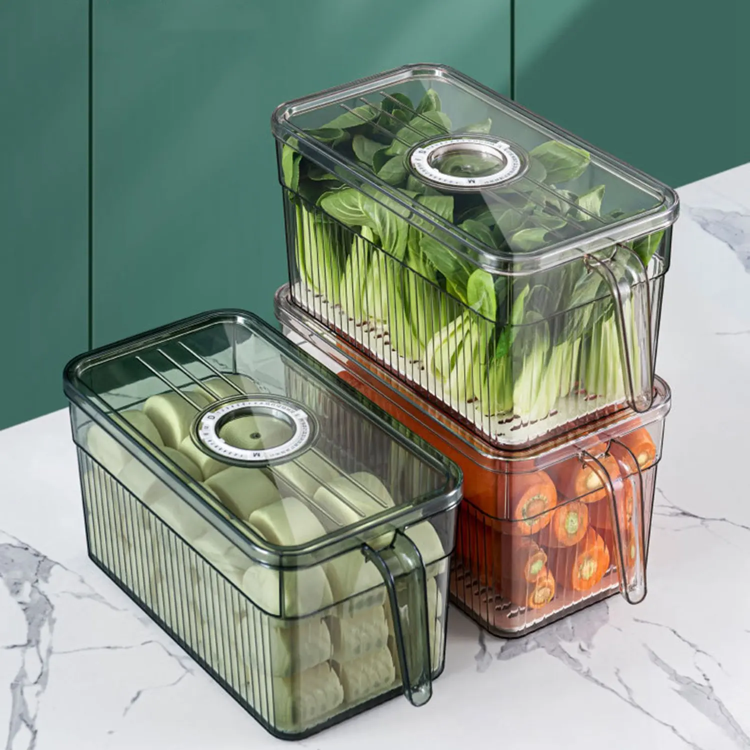 Scatola di immagazzinaggio del frigorifero timeping Keep Fresh Food Organizer Box con manico materiale trasparente Photo Color