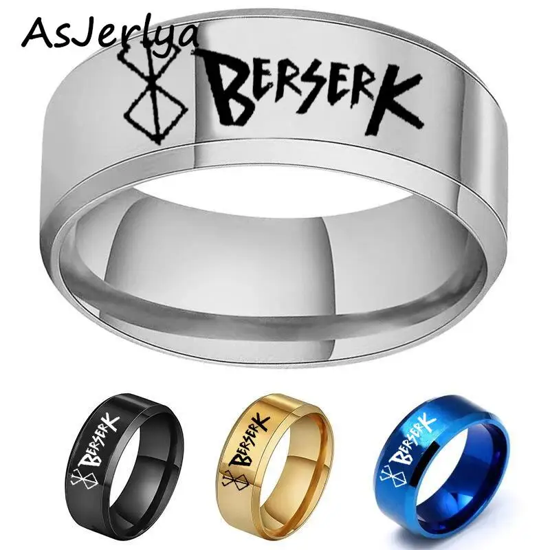 AsJerlya 4 Colors Anime Peripheral Berserk Ring Commemorative Fashion Simple Cool Laser Stainless Steel Ring Men Women Jewelry