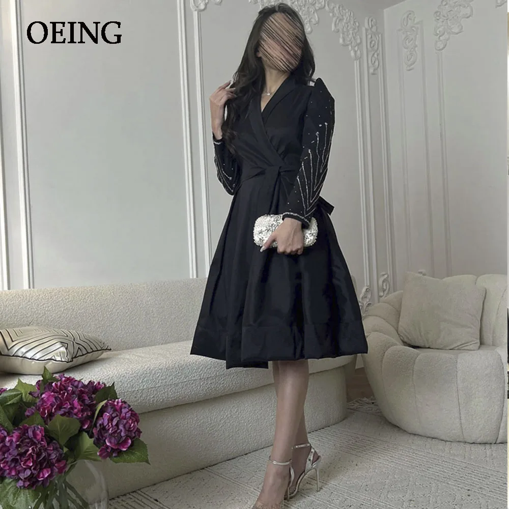 OEING-Elegante vestido preto com decote V, vestido de baile plissado, Vestidos na altura do joelho, Hem, Ocasião Formal