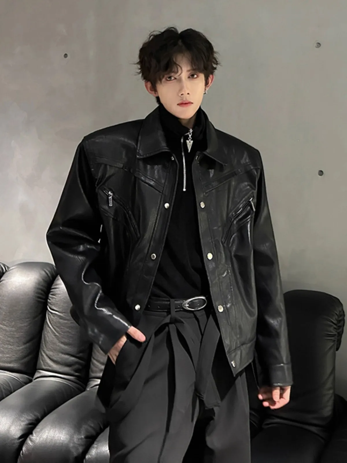 

Autumn New Men's Pu Leather Long-Sleeved Jacket American Retro Fashion Trend High Street Loose Casual Niche Men's Tops 2025