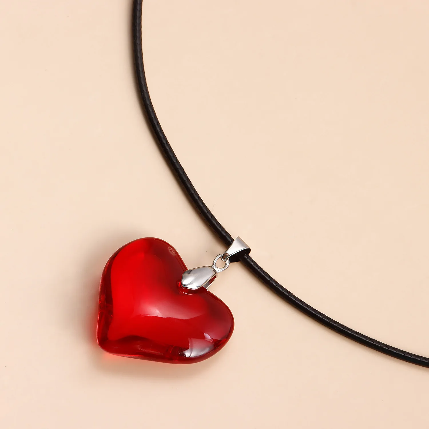 Red Heart Pendant Necklace For Women Girls Glass Crystal Necklace Black Leather Rope Chain Necklaces Y2k Jewelry Friends Gift image 6