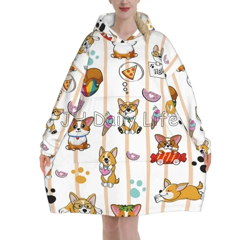 Cute Corgi Dog Wearable Hoodie Blanket Women Pajamas Pullover Sweatshirt Oversized Warm Cozy Flannel Fleece Sherpa Blanket