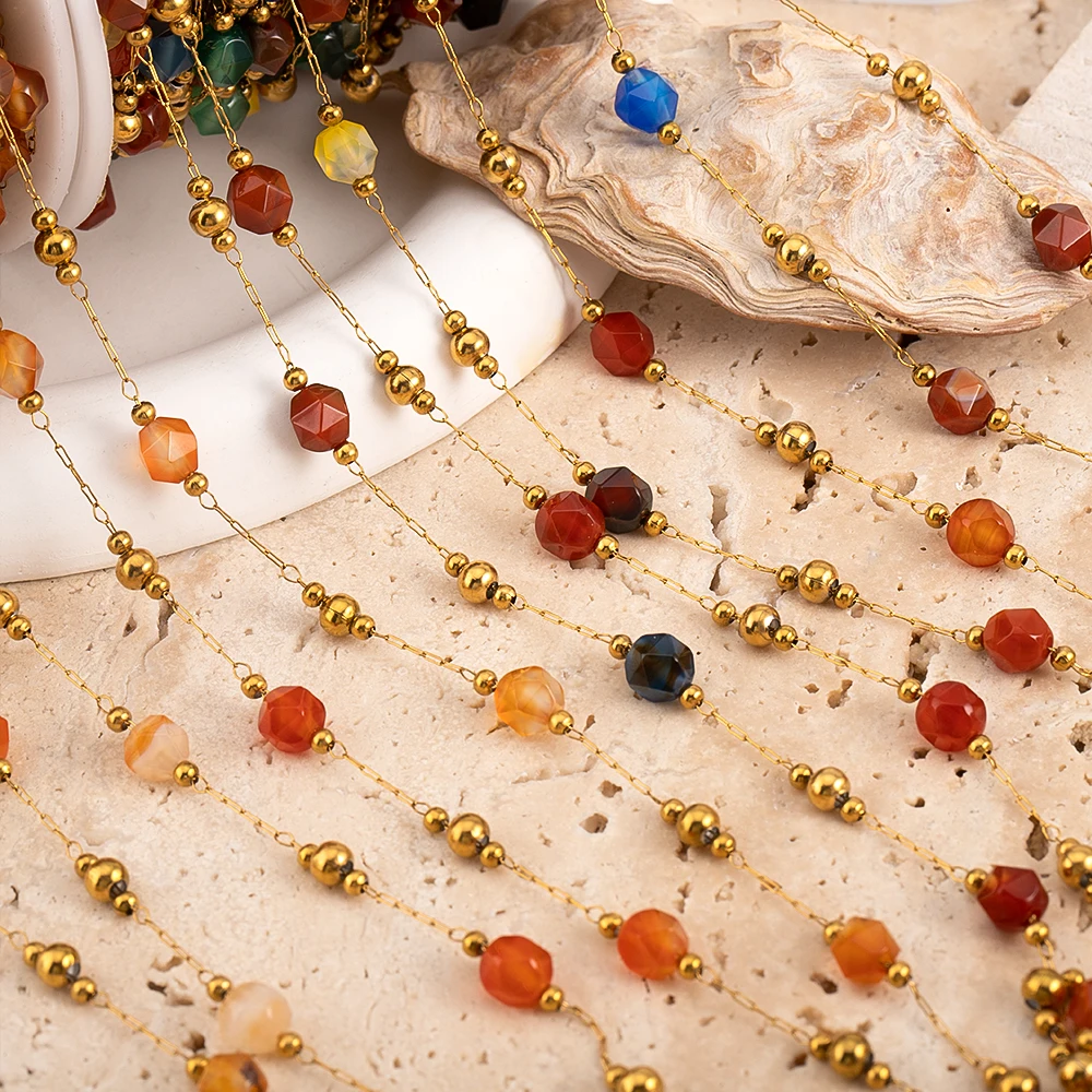 

0.5/1M Irregular Brown Stone Beaded Chain Stainless Steel Necklaces Chain Boho Anklet Bracelets for DIY Jewelry Making Wholasale