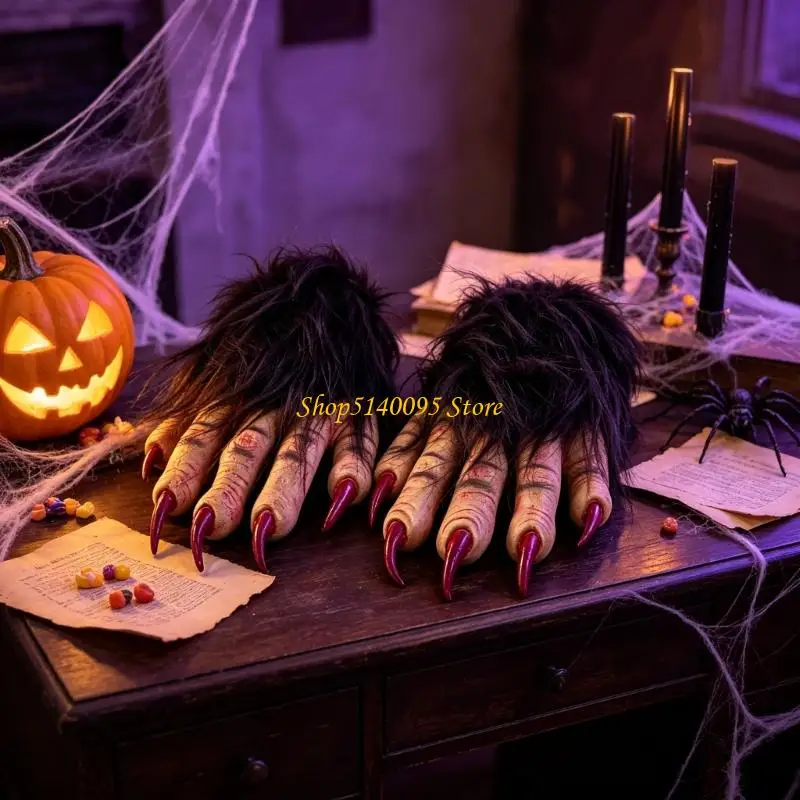 DXAE Party Claw Hand Props Brown Plush Costume Gloves with Textured Latex Fingers, Pair for Stage Use, Role Play, Character