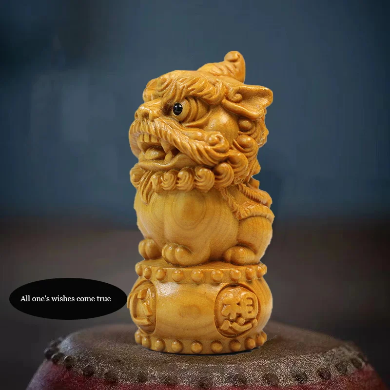 Natural Cypress Auspicious Lion Animal Figurine Hand-Carved Home Room Office Car Decoration  Chinese Characteristics Figurines