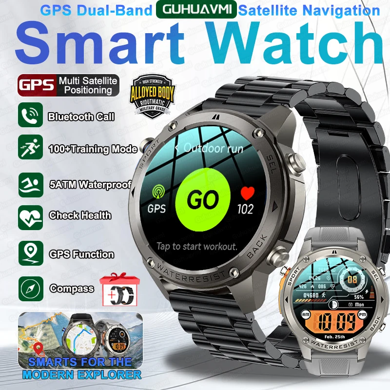 

2026 New Outdoor Military GPS Track Smart Watch 5ATM Waterproof Built-in Dual-band GNSS Compass Swim Sports Smart Watches Men