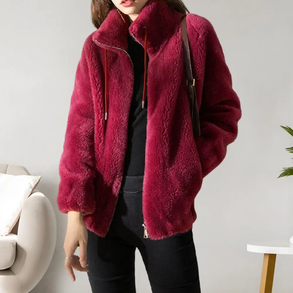 معطف شتوي قطيفة على الوجهين للنساء ، ياقة قائمة ، إغلاق بسحاب ، ملابس خارجية دافئة ، تنقل يومي ، سفر ، برد