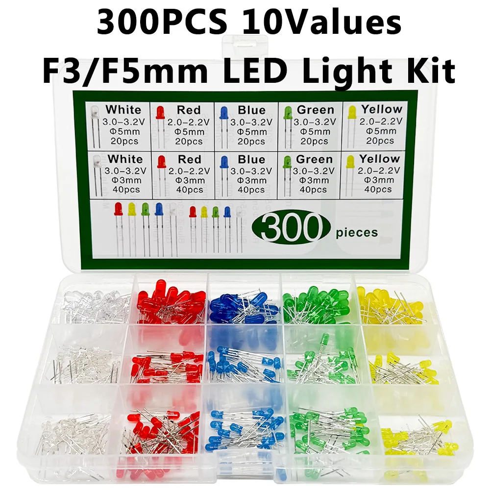 300PCS 10 Values F3 mm LED F5 mm LED Kit with 100PCS F5 mm LED ,200PCS F3 mm LED in Box for 5 color red yellow blue green white