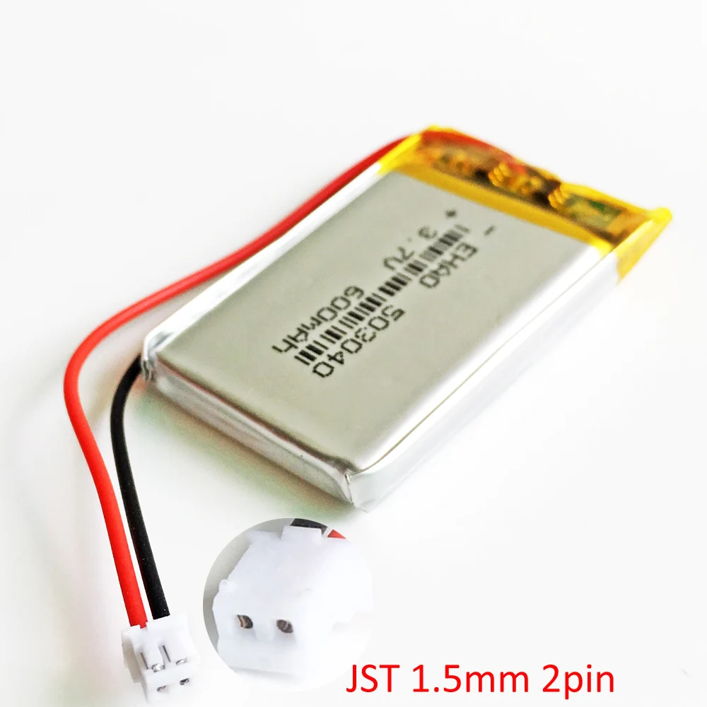 Akumulator litowo-polimerowy 3,7 V 600 mAh 503040 + Wtyczka JST ZH 1,5 mm 2Pin do kamery rejestratora MP3 GPS DVD Bluetooth