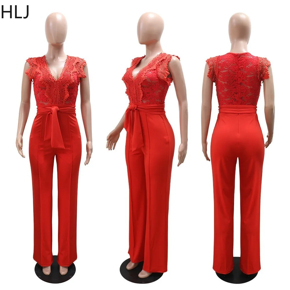 HLJ Fashion Lace Embrodiay Patchwork Wide Legs Jumpsuits Women Short Sleeve V-neck One Piece  Rompers Female Streetwear Overalls