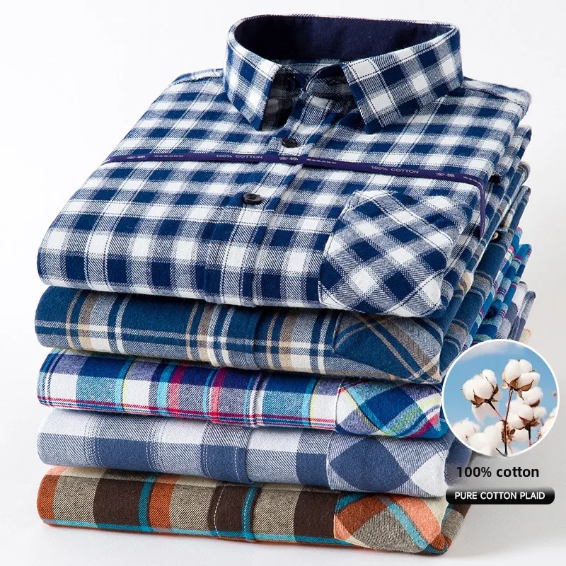 Mens Plaid Washed Brushed Long Sleeve Shirts Easy Care Comfortable Casual 100% Cotton Fashion Slim Fit Button Down Shirts Clothe