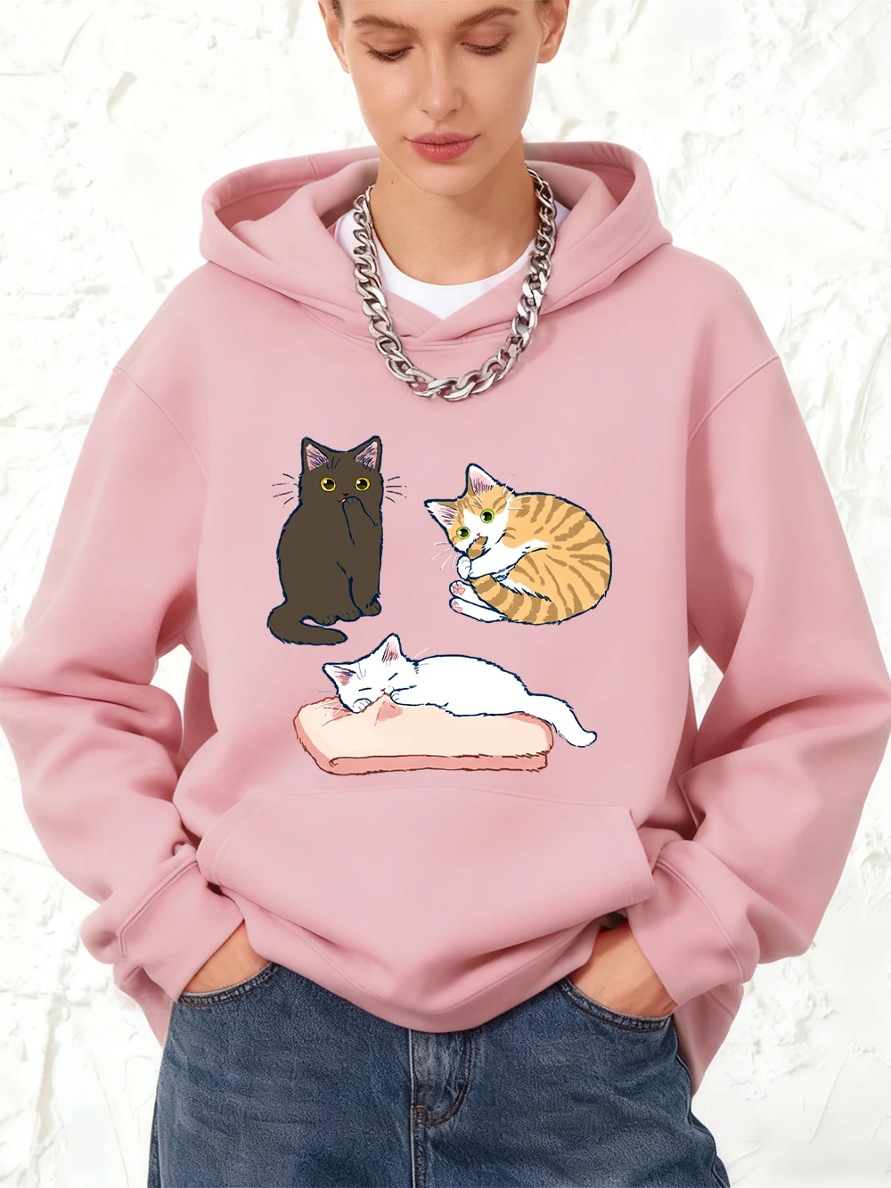 Mischievous Three Colored Kittens Prints Cotton Hoodie Women Sporty Loose Pullover Winter Warm Sweatshirt Jogging Pocket Tops