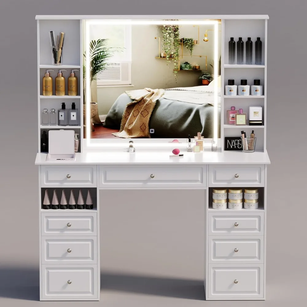 

Vanity Desk with Lighted Mirror,Huge desktop Makeup Vanity Table with 9 Drawers,European Style Vanity,Vanity Makeup Desk (White)