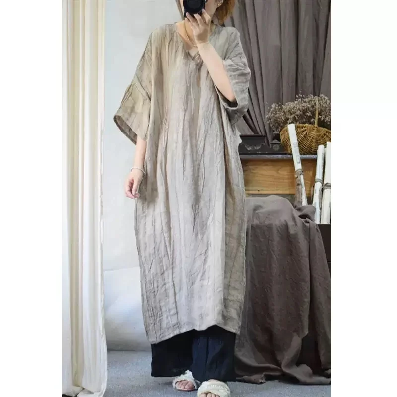 

Retro Artistic Dyed Linen Loose Women's Dr with Dstring Texture Pleated Long Midi Skirt A-Line Casual High Waist