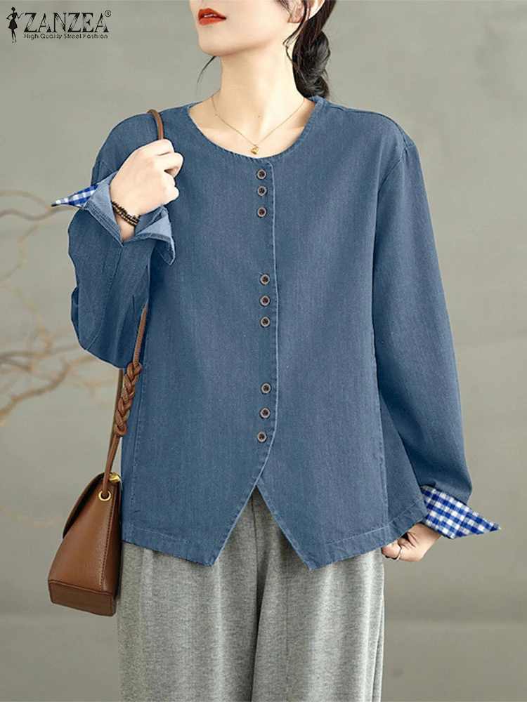 

ZANZEA Fashion Long Sleeve Cardigans Shirts Women Thin Outercoats 2025 Autumn Plaid Patchwork Casual Tops Vintage Denim Coats