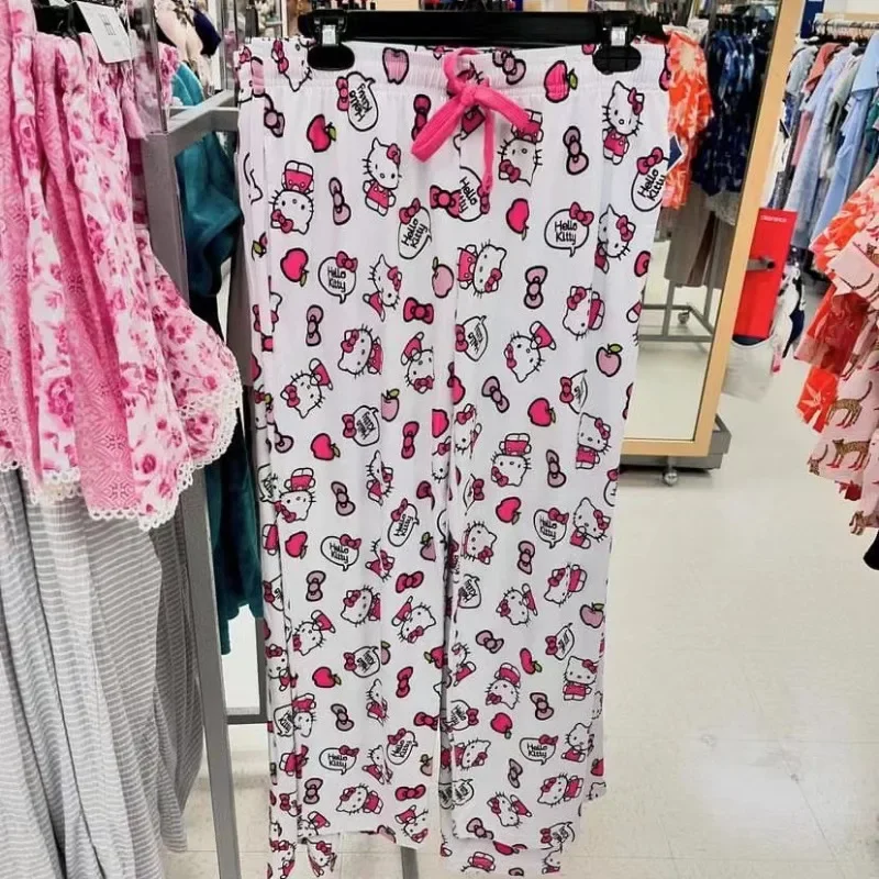 Sanrio-pantalones de pijama de Hello Kitty para mujer, ropa informal de dibujos animados para el hogar, a la moda, para Otoño e Invierno