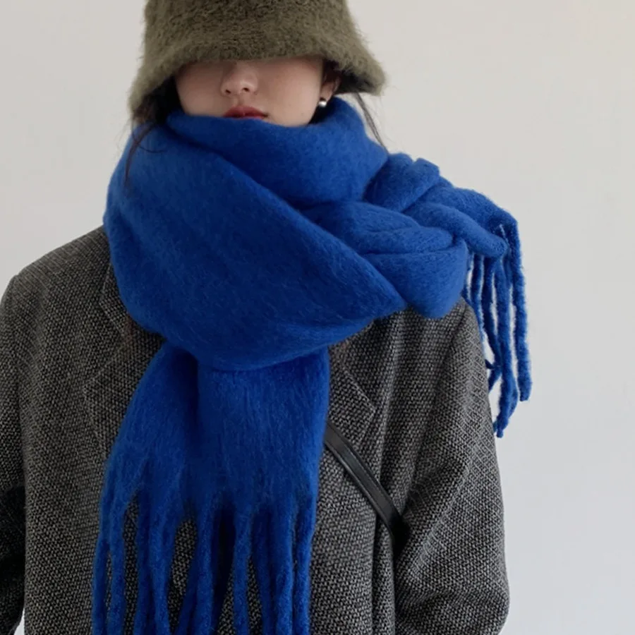 Klein Blue Solid Color Mohair Tassel Fashion Comfortable Scarf Women's Winter New Korean Version Versatile Warm Thick Shawl Neck