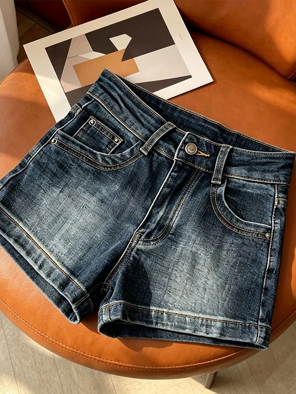 Summer Blue Grey Slimming High Waist Denim Shorts Women's American Hot Girl Embroidered Bodycon Tight Fit Hot Pants