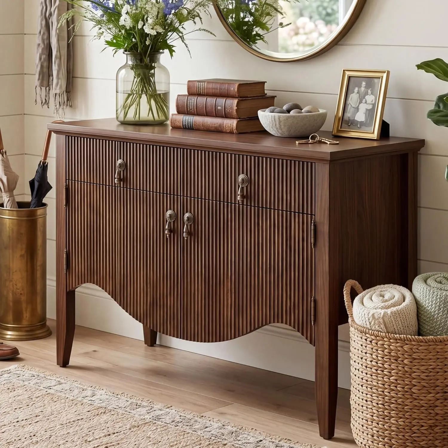 40" Retro Buffet Cabinet Storage Fluted Sideboard Drawer Accent Bar Living Room Coffee Entryway Dining Walnut, Customized