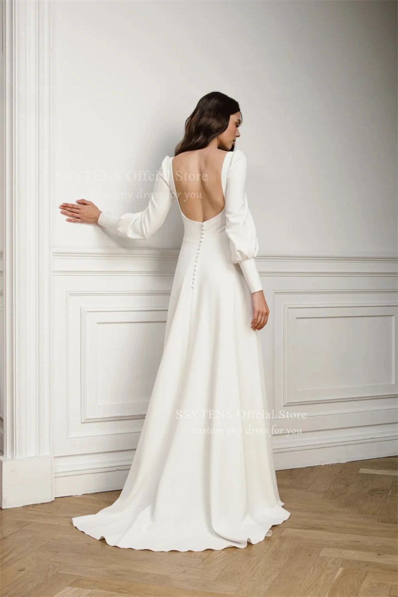 SSYTENS élégant col carré une ligne robes de mariée manches longues longue robe de mariée femme dos ouvert plis robe de mariée personnalisée
