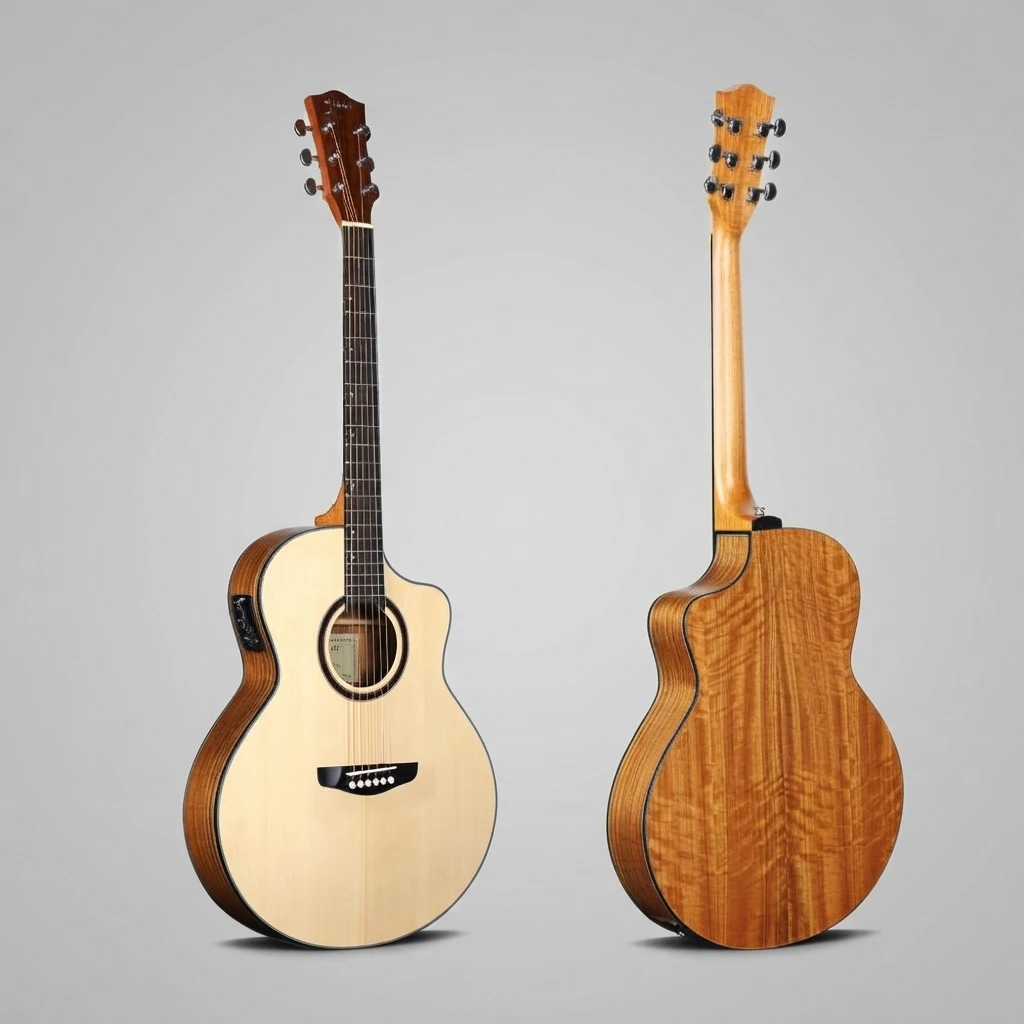 Glossy Electro Acoustic Guitar 6 String Cutaway Natural Top Dark Back Chrome Tuners Dot Inlay White Bridge Pins Built-In EQ