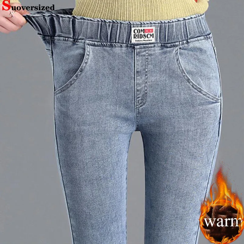 Winter warme dünne Bleistift Jeans Frauen Vintage elastische hohe Taille Samt gefüttert Jeans hose koreanische solide verdicken Stretch Vaqueros