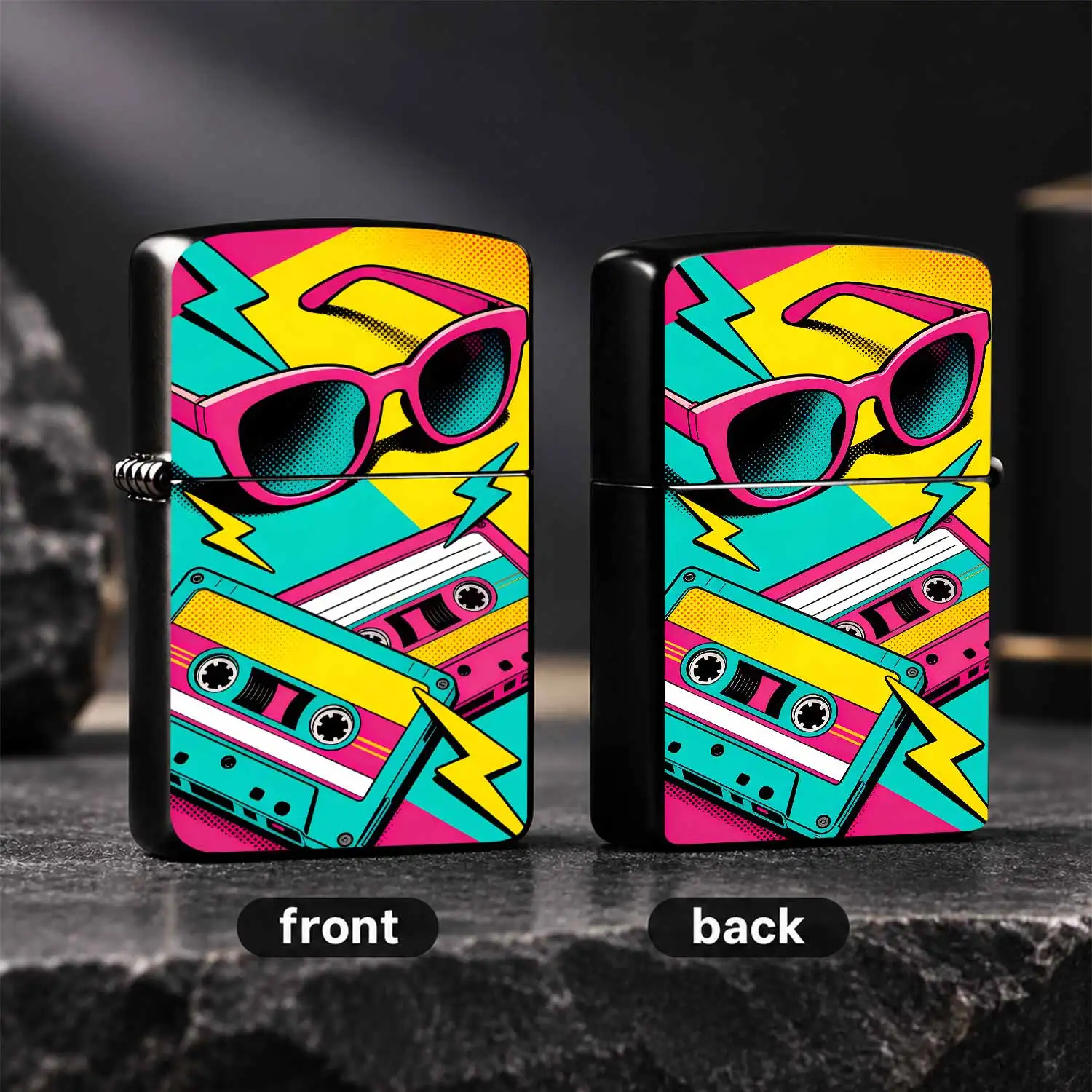Vintage 80S 90S Pop Art Style Lighter With Bold Contrast Color Print, Featuring Cute Pink Frame Sunglasses Cassette Tape Lightning Pattern, Portable Trendy Accessory For Daily Gathering, Travel And Multiple Occasions, Stylish Exquisite Item