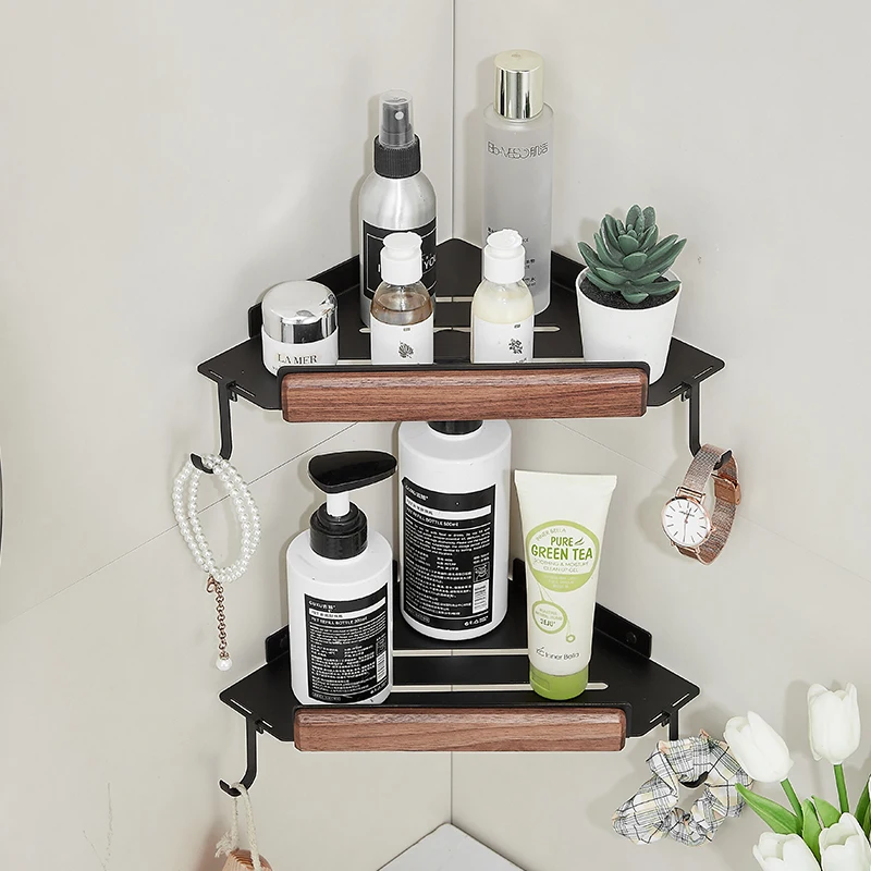 Walnut wood Black Double Towel Bars Bathroom Towel Hanger Space Aluminum Bathroom Accessories Towel Rack Toilet Brush