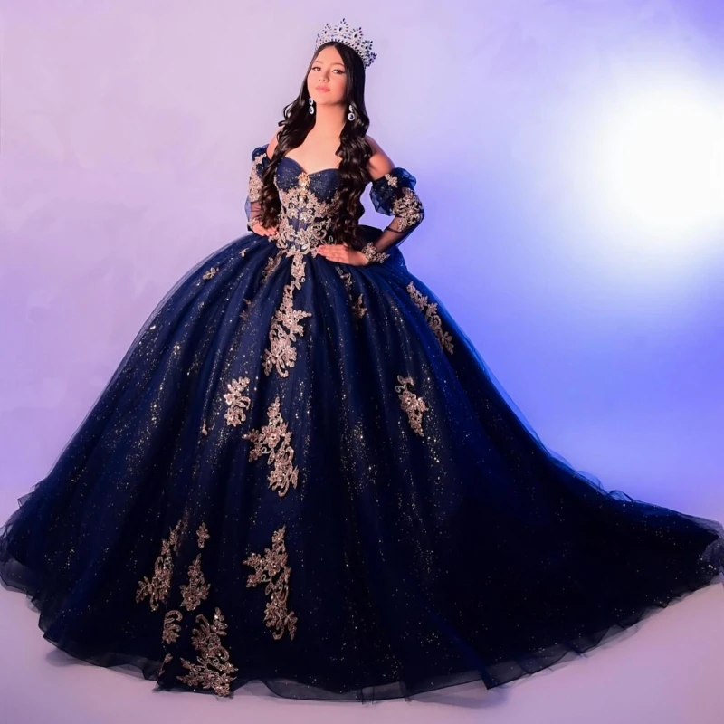 الأزرق الداكن لامعة فساتين Quinceanera قبالة الكتف الذهب زين الدانتيل الخرز القوس مشد تول حفلة عيد ميلاد الحلو 16 فستان سترة