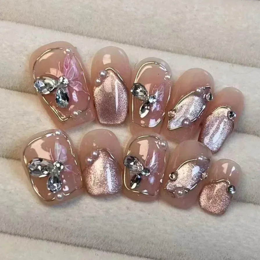 Francês pontas de unhas falsas, imprensa artesanal nas unhas, cobertura completa, olho de gato, coração, borboleta, design artificial, unhas curtas, manicure, 10pcs