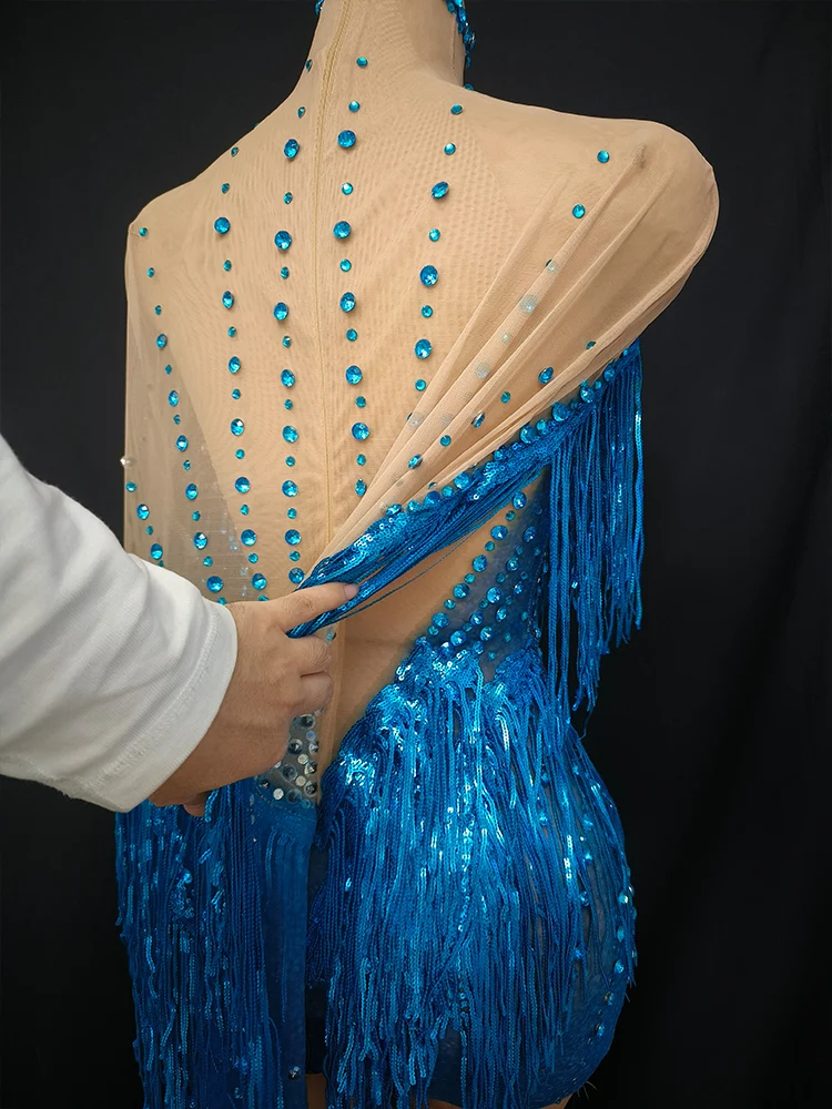 블루 라인스톤 프린지 스커트 거즈 메쉬 시스루 테일링 드레스 칵테일 가운 여성용 화려한 파티 프롬 댄스 나이트클럽 의상