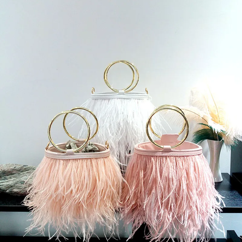 Wedding Bag Ostrich Feather Bucket Handbag for Women Luxury Fashion Purses and Handbags Designer Party Clutch Chain Shoulder Bag