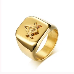 Gold Plated Stainless Steel High Polish Freemasonry Masonic Signet Ring for Men