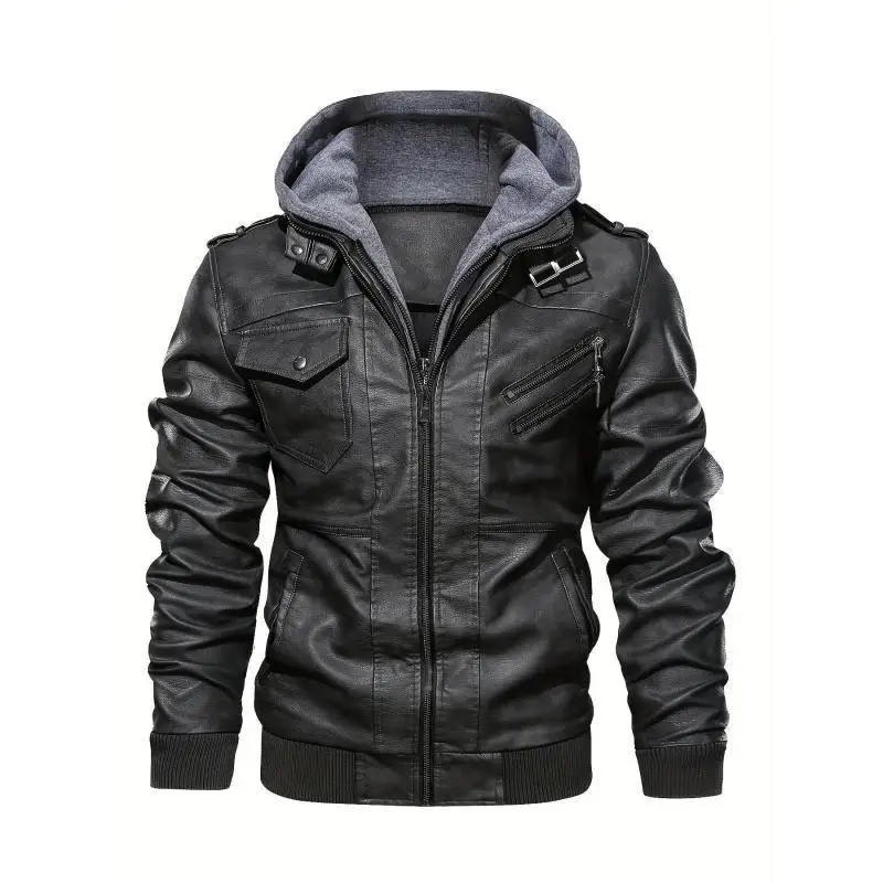 Premium Mens Hooded Leather Jacket Fashionable Biker Style Five Sleeve Long Other Material 100% Non Deformable Summer New